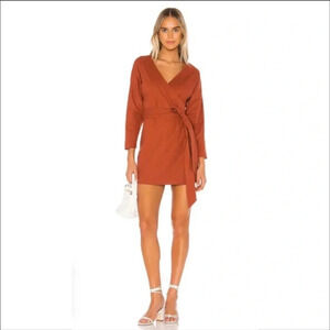 MAJORELLE Revolve Long Sleeve Linen Wrap Dress Terracotta Orange Size XS